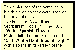 Tekstvak: Three pictures of the same belts but this time as they were used on the original suits.
Top left: The 1973 Blue Starburst. Top right: The 1973 White Spanish Flower.
Picture left: the third version of the 1973 Aloha Bald Headed Eagle with also the third version of the belt.
